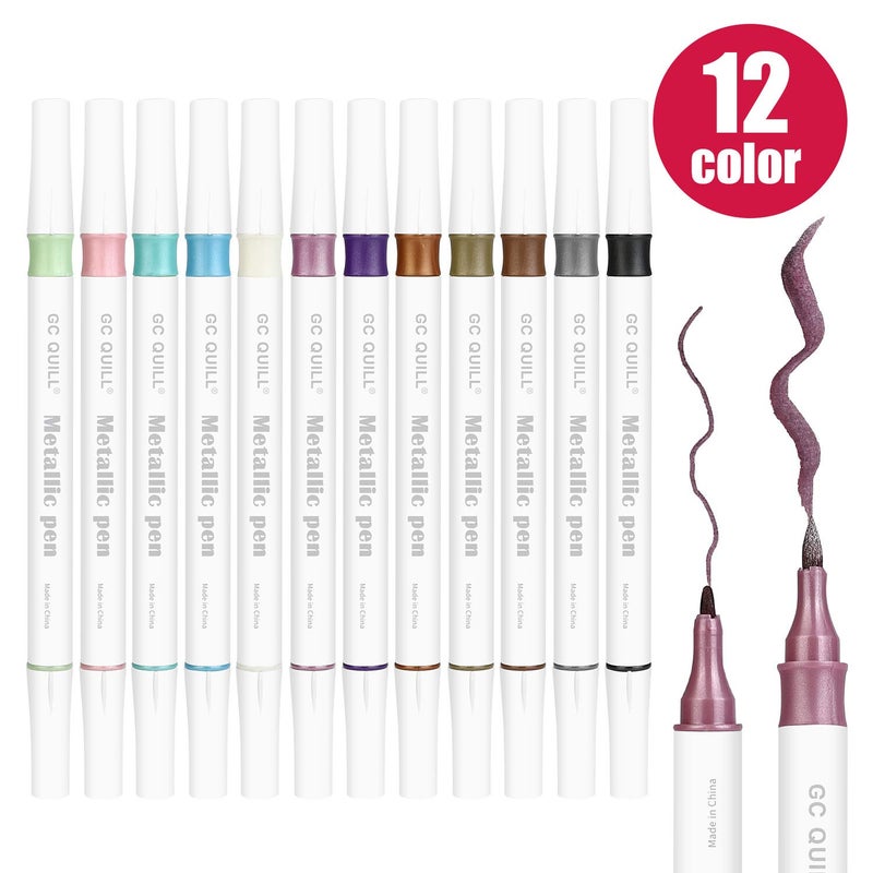 GC QUILL 12 Colors Metallic Marker Pens - Dual Tip Brush and Fine Point Pens for DIY Album, Black Cards, Scrapbooking, Craft Supplies, on Ceramic, Stone, Glass, Fabric GC-MP12 - Image 3